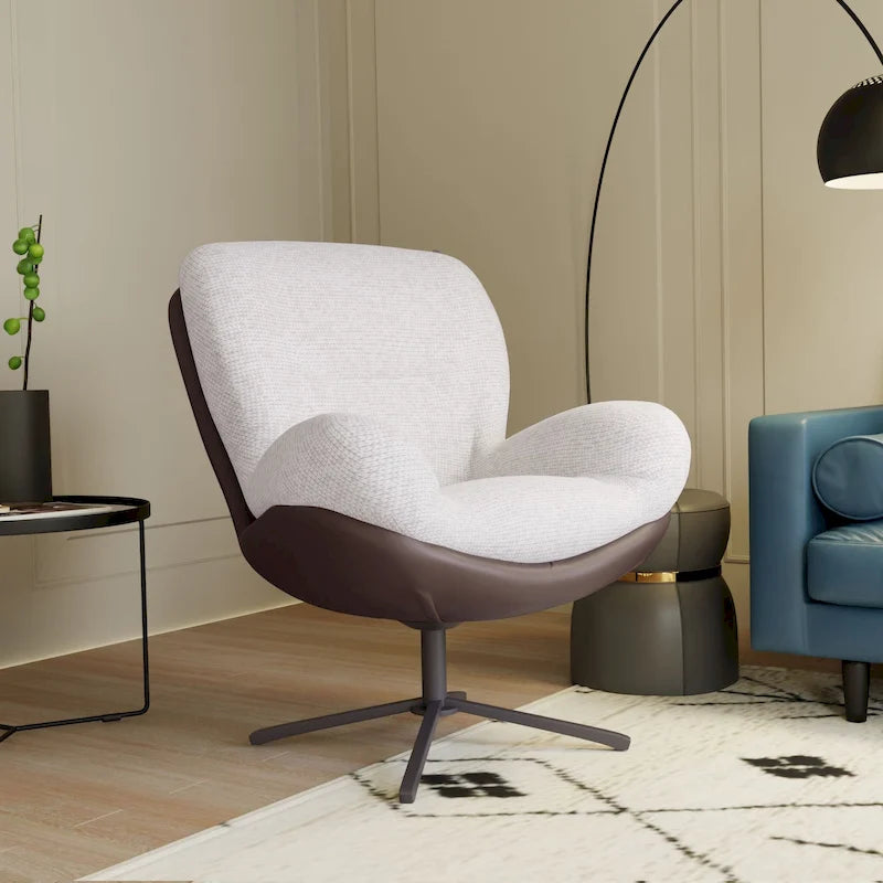 Fauteuil pivotant à 360°, fauteuil lounge moderne en chenille avec similicuir et piètement en métal noir, chaise de lecture confortable