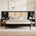 Cadre de lit Queen Size en bois massif avec 2 tables de chevet, lampes intégrées, design rotin et bois, noir