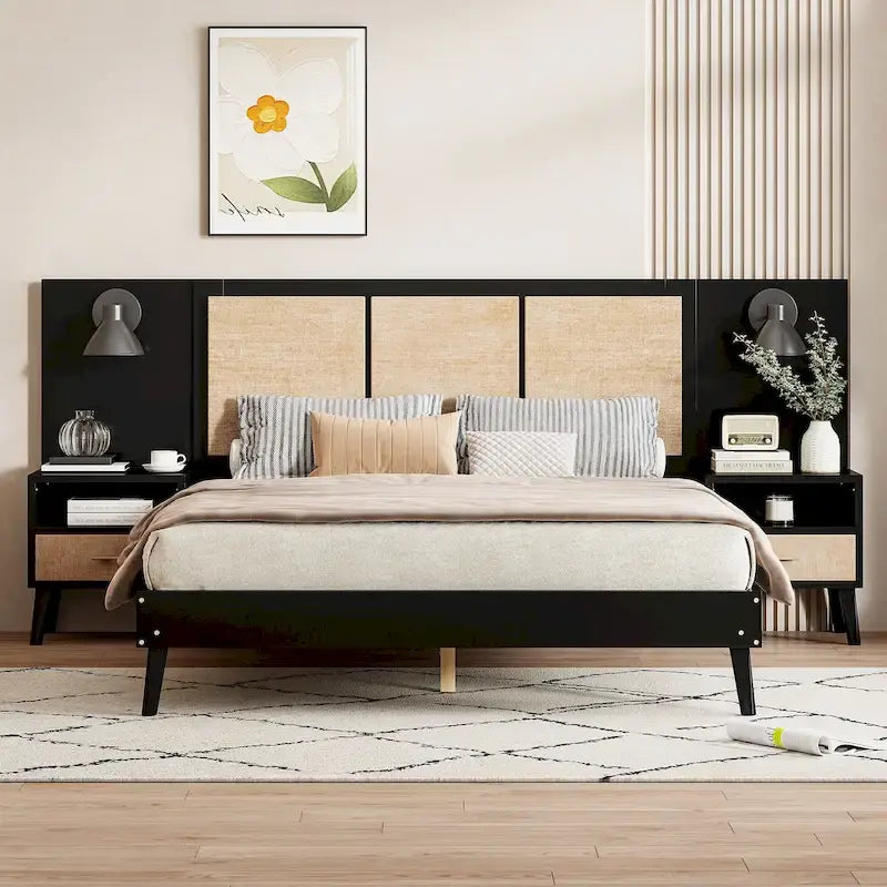 Cadre de lit Queen Size en bois massif avec 2 tables de chevet, lampes intégrées, design rotin et bois, noir