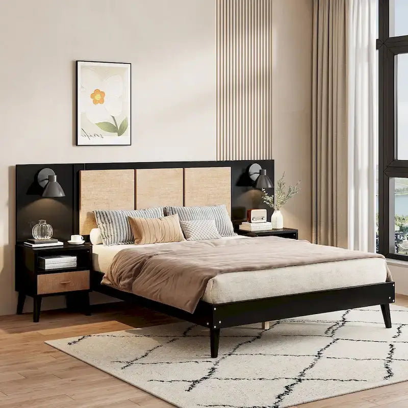 Cadre de lit Queen Size en bois massif avec 2 tables de chevet, lampes intégrées, design rotin et bois, noir