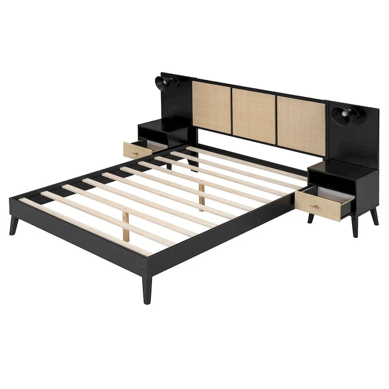 Cadre de lit Queen Size en bois massif avec 2 tables de chevet, lampes intégrées, design rotin et bois, noir