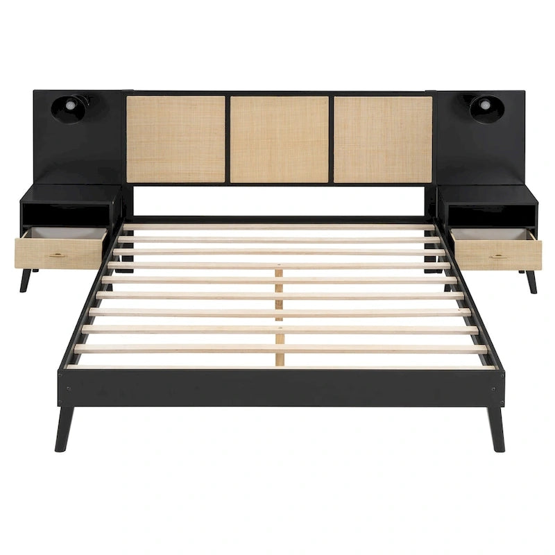 Cadre de lit Queen Size en bois massif avec 2 tables de chevet, lampes intégrées, design rotin et bois, noir