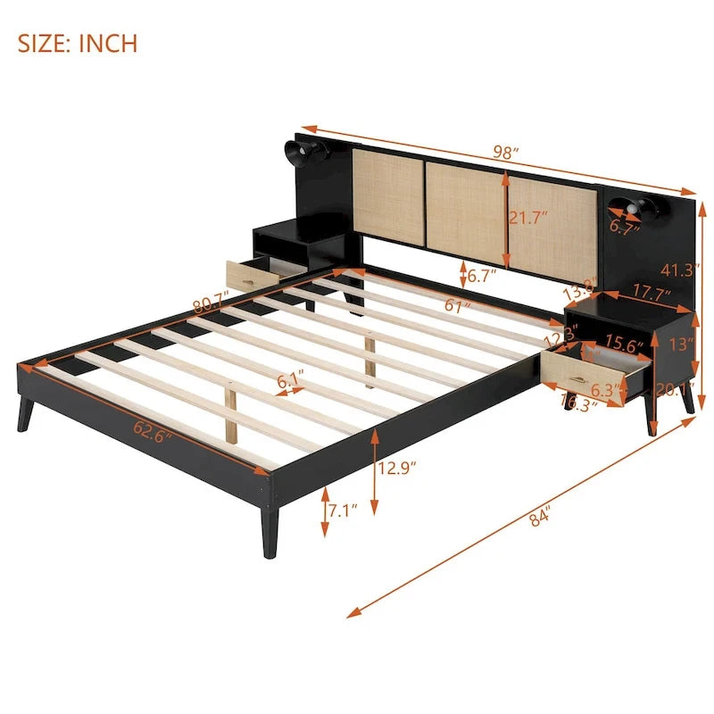Cadre de lit Queen Size en bois massif avec 2 tables de chevet, lampes intégrées, design rotin et bois, noir