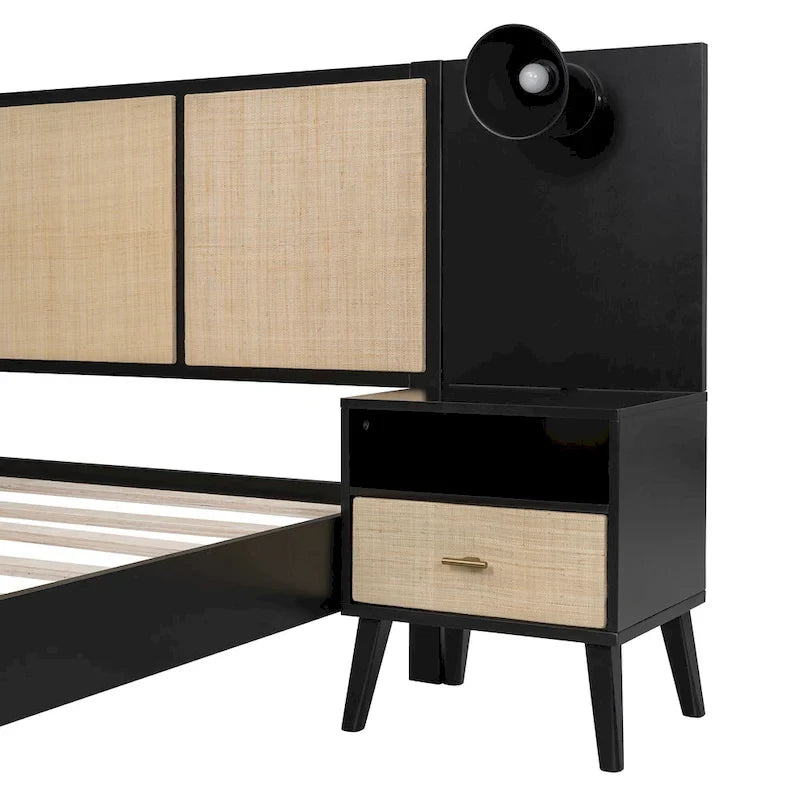 Cadre de lit Queen Size en bois massif avec 2 tables de chevet, lampes intégrées, design rotin et bois, noir