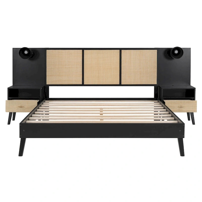 Cadre de lit Queen Size en bois massif avec 2 tables de chevet, lampes intégrées, design rotin et bois, noir