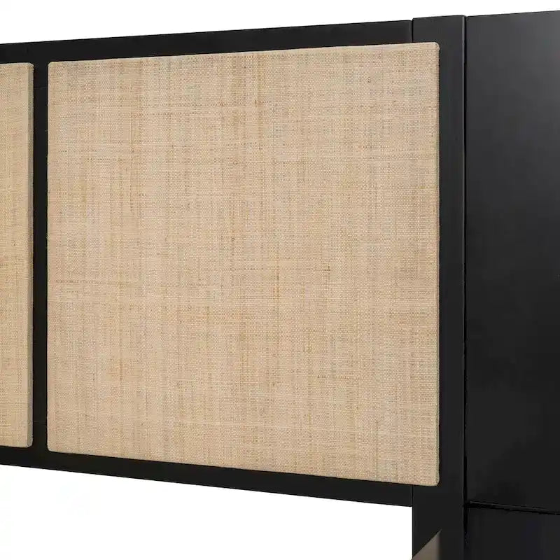 Cadre de lit Queen Size en bois massif avec 2 tables de chevet, lampes intégrées, design rotin et bois, noir
