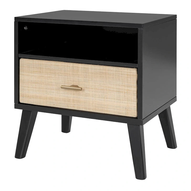 Cadre de lit Queen Size en bois massif avec 2 tables de chevet, lampes intégrées, design rotin et bois, noir