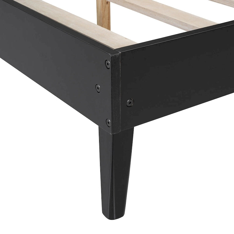 Cadre de lit Queen Size en bois massif avec 2 tables de chevet, lampes intégrées, design rotin et bois, noir
