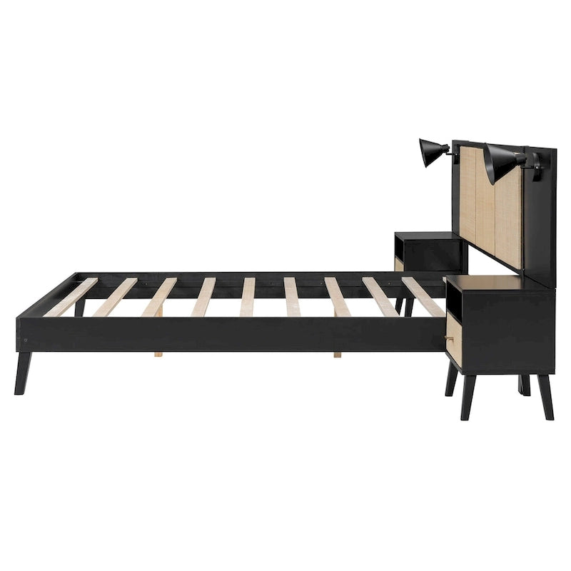 Cadre de lit Queen Size en bois massif avec 2 tables de chevet, lampes intégrées, design rotin et bois, noir