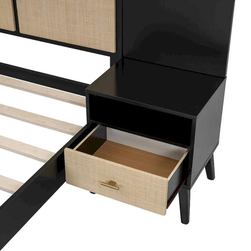 Cadre de lit Queen Size en bois massif avec 2 tables de chevet, lampes intégrées, design rotin et bois, noir