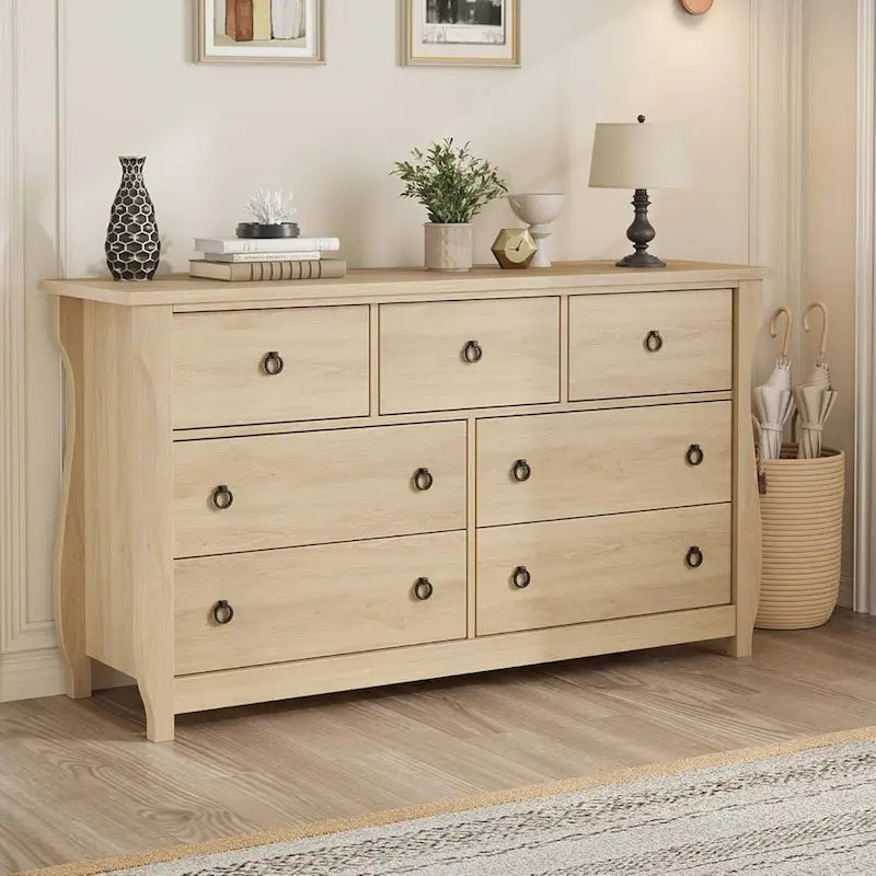 Commode naturelle à 7 tiroirs pour salon, chambre à coucher, entrée