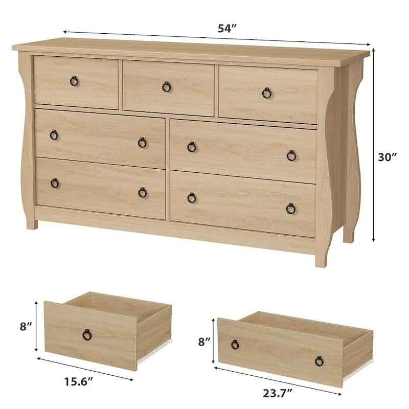 Commode naturelle à 7 tiroirs pour salon, chambre à coucher, entrée