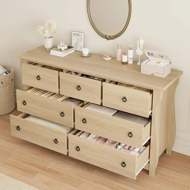 Commode naturelle à 7 tiroirs pour salon, chambre à coucher, entrée
