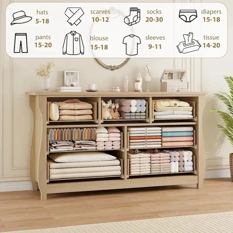Commode naturelle à 7 tiroirs pour salon, chambre à coucher, entrée