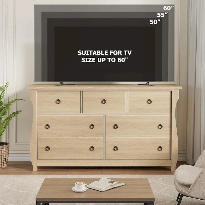 Commode naturelle à 7 tiroirs pour salon, chambre à coucher, entrée