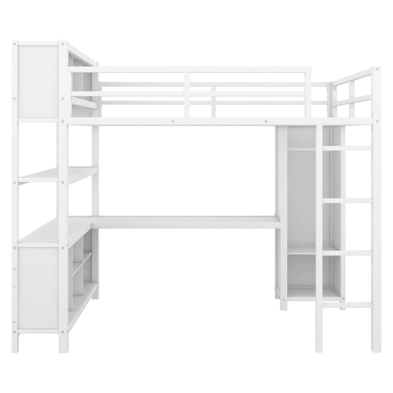 Lit mezzanine en métal pleine grandeur blanc cassé avec armoire, bureau en L et casiers de rangement