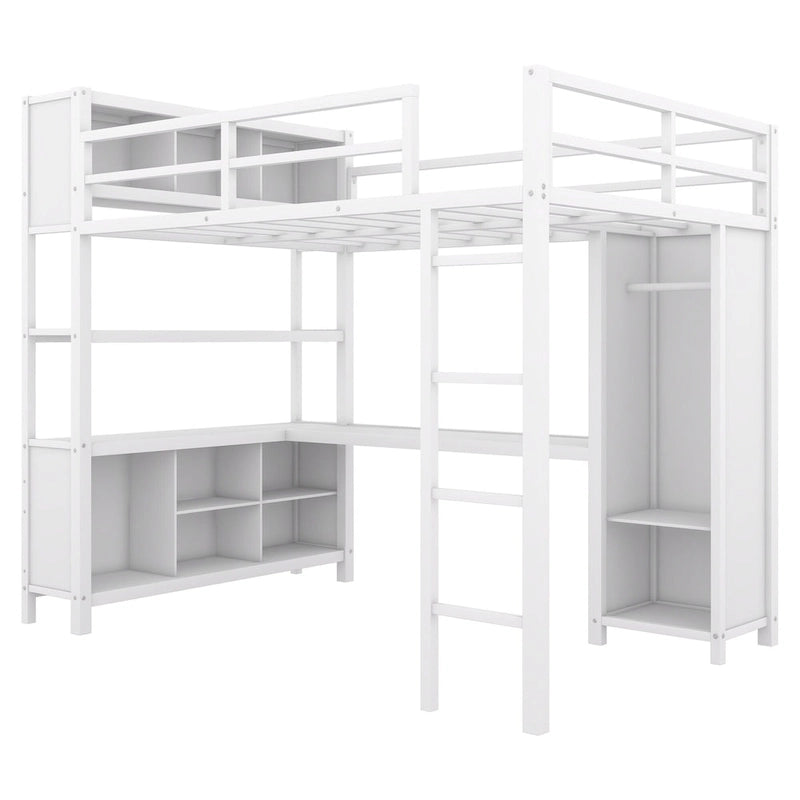 Lit mezzanine en métal pleine grandeur blanc cassé avec armoire, bureau en L et casiers de rangement