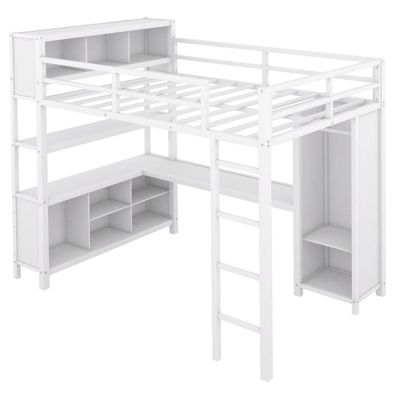 Lit mezzanine en métal pleine grandeur blanc cassé avec armoire, bureau en L et casiers de rangement