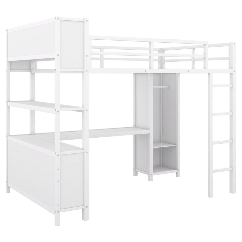 Lit mezzanine en métal pleine grandeur blanc cassé avec armoire, bureau en L et casiers de rangement