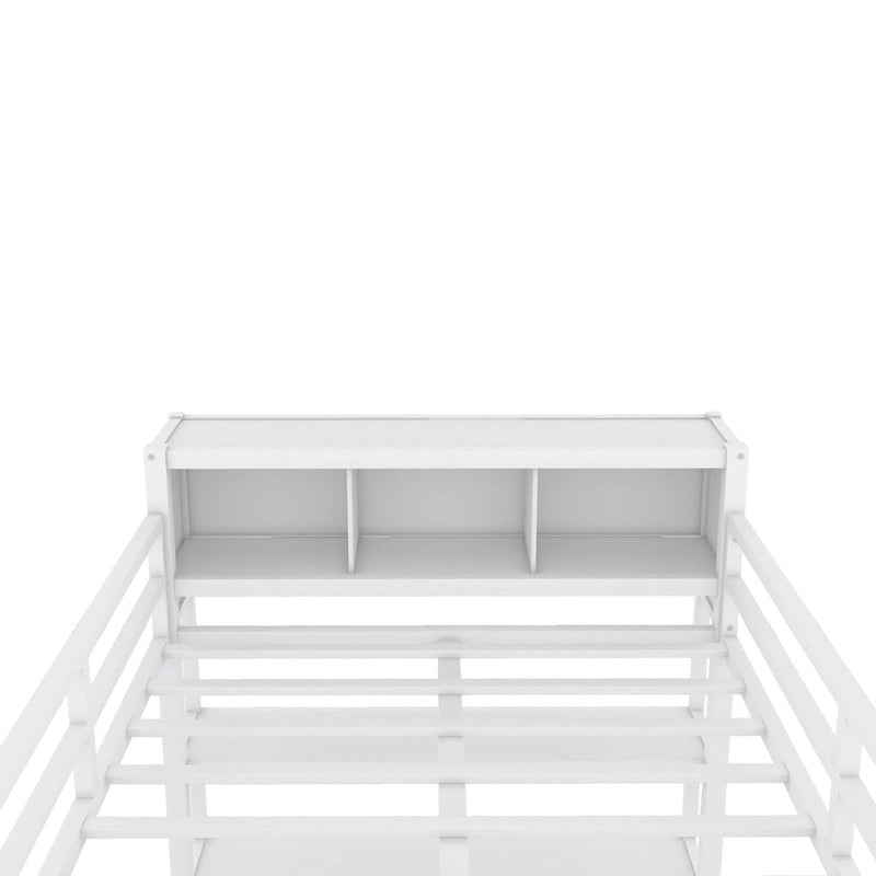 Lit mezzanine en métal pleine grandeur blanc cassé avec armoire, bureau en L et casiers de rangement