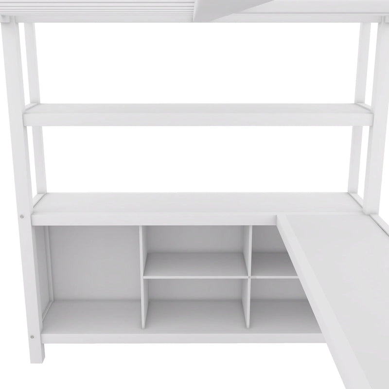 Lit mezzanine en métal pleine grandeur blanc cassé avec armoire, bureau en L et casiers de rangement