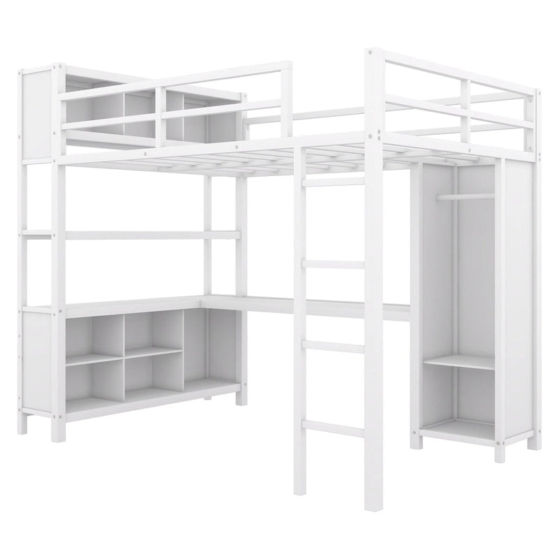 Lit mezzanine en métal pleine grandeur blanc cassé avec armoire, bureau en L et casiers de rangement
