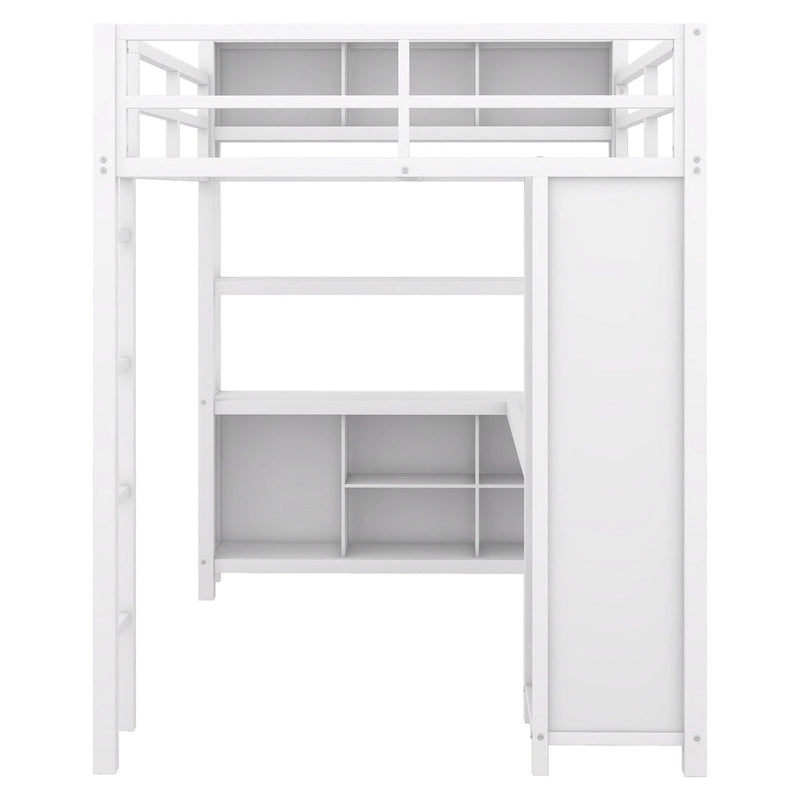 Lit mezzanine en métal pleine grandeur blanc cassé avec armoire, bureau en L et casiers de rangement