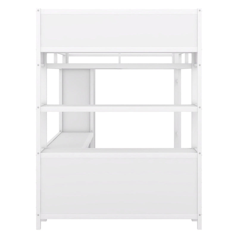 Lit mezzanine en métal pleine grandeur blanc cassé avec armoire, bureau en L et casiers de rangement