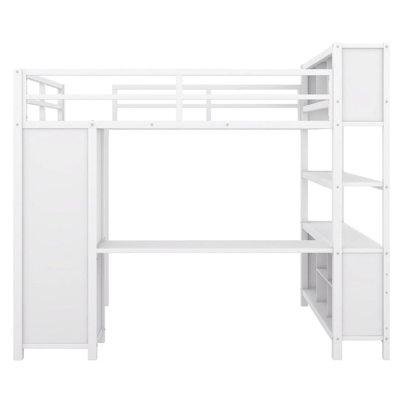 Lit mezzanine en métal pleine grandeur blanc cassé avec armoire, bureau en L et casiers de rangement