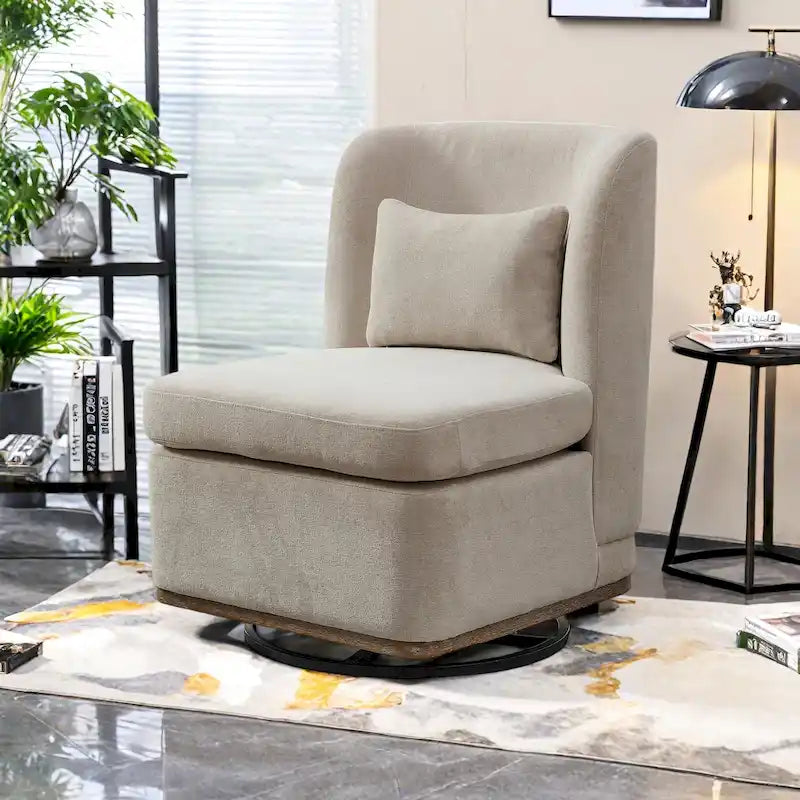 Fauteuil sans accoudoirs pivotant à 360° en chenille avec base en métal, coussin en mousse haute densité et oreiller inclus