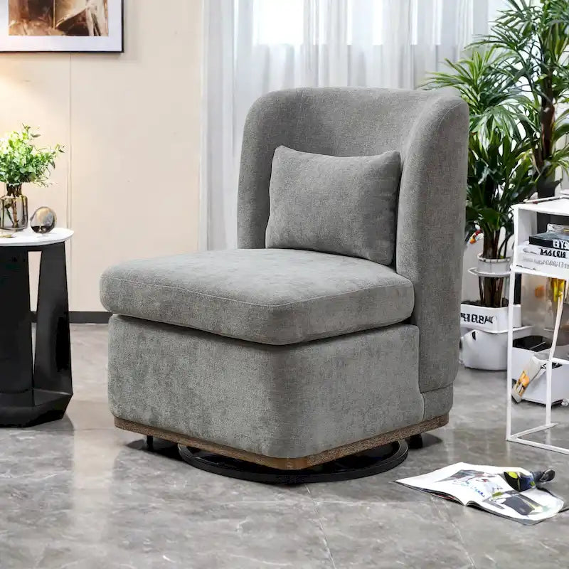 Fauteuil sans accoudoirs pivotant à 360° en chenille avec base en métal, coussin en mousse haute densité et oreiller inclus