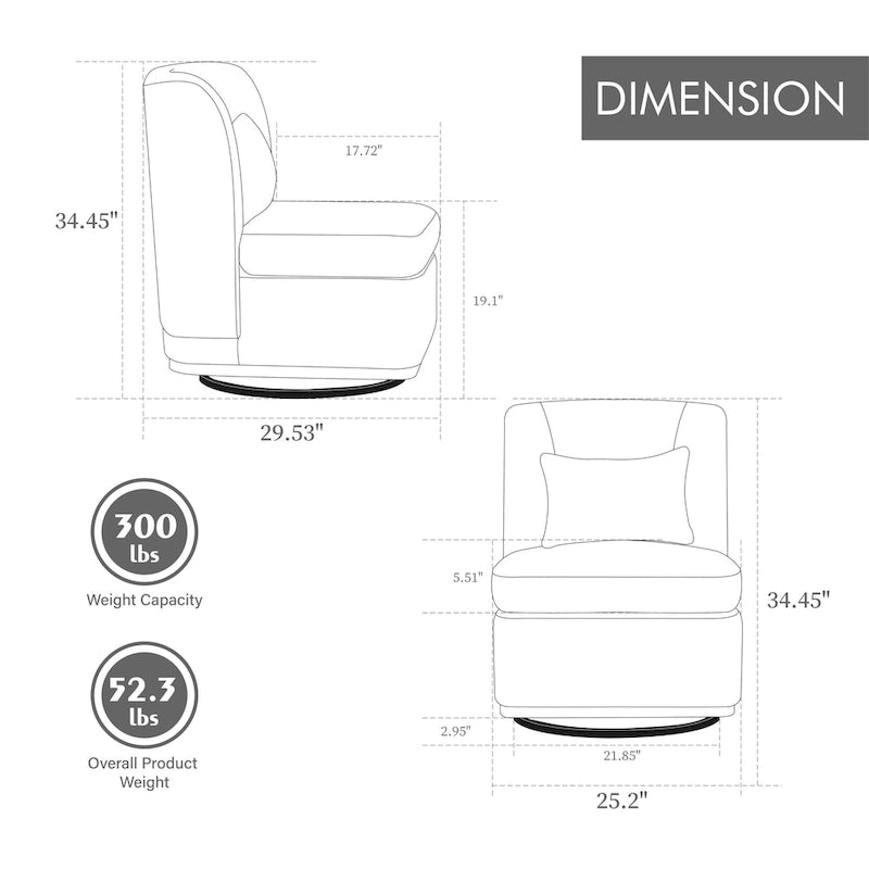 Fauteuil sans accoudoirs pivotant à 360° en chenille avec base en métal, coussin en mousse haute densité et oreiller inclus