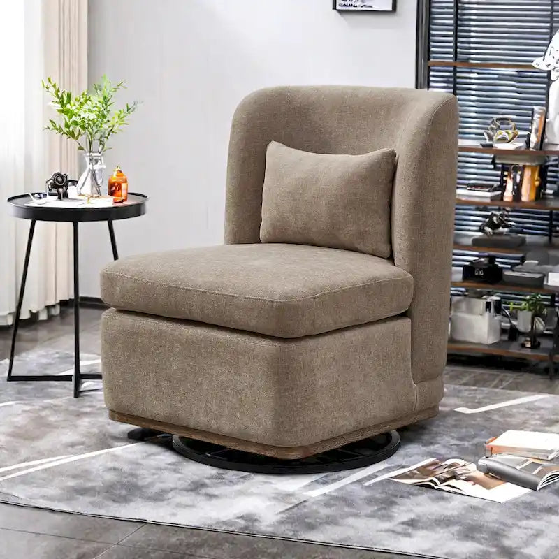 Fauteuil sans accoudoirs pivotant à 360° en chenille avec base en métal, coussin en mousse haute densité et oreiller inclus
