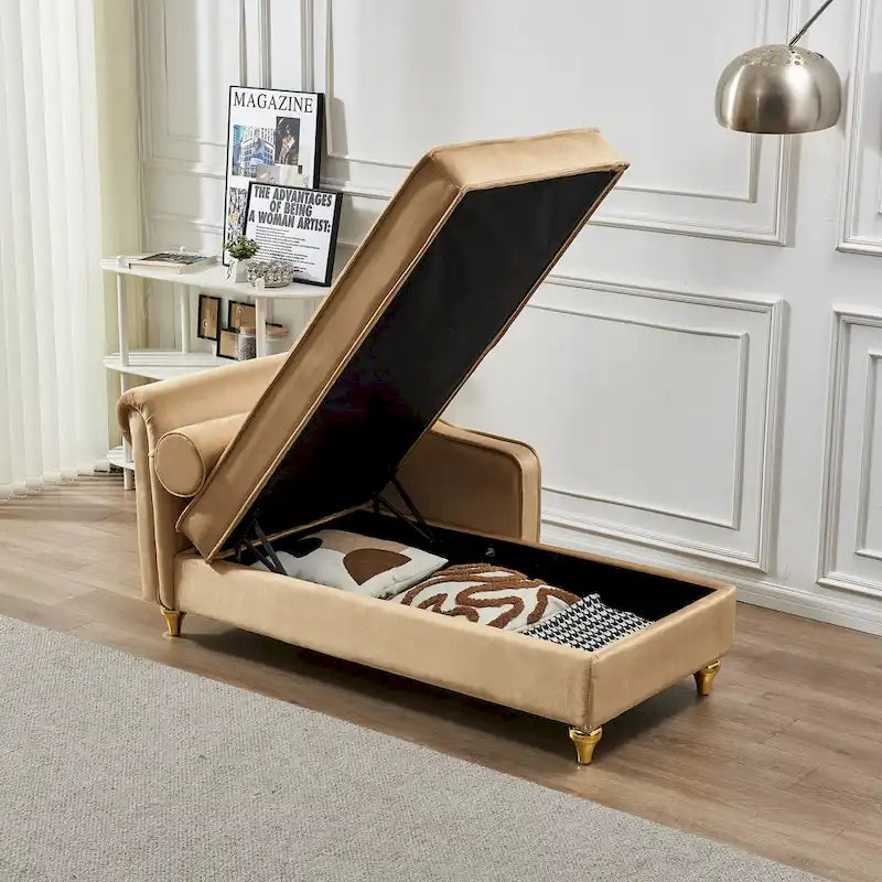 Méridienne capitonnée en velours kaki moderne 60.6 avec pieds en métal et rangement
