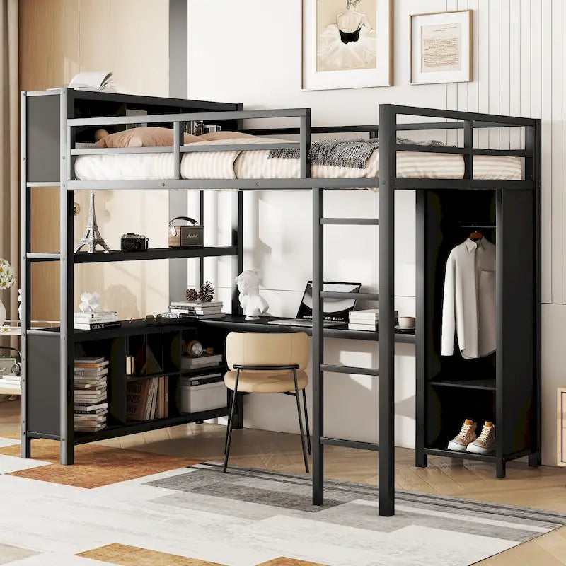 Lit mezzanine en métal avec armoire et bureau