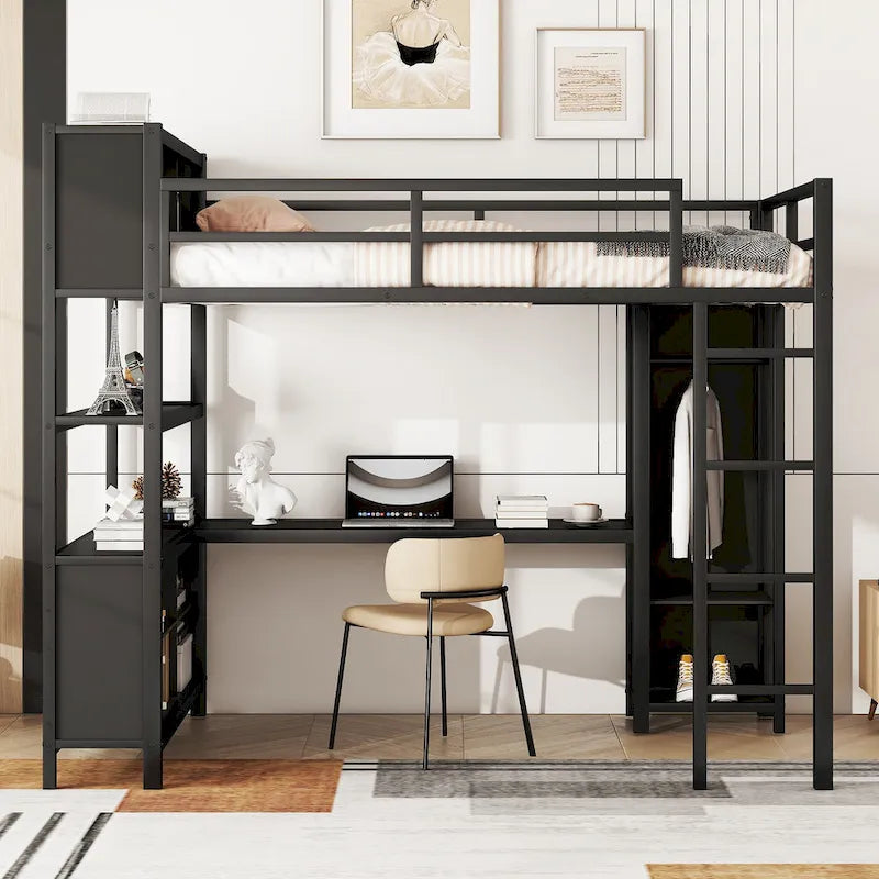 Lit mezzanine en métal avec armoire et bureau
