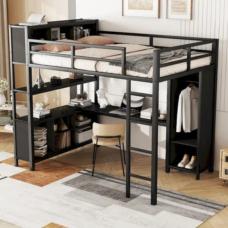 Lit mezzanine en métal avec armoire et bureau
