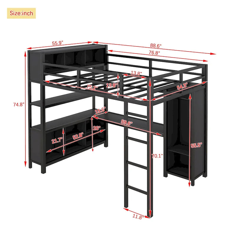 Lit mezzanine en métal avec armoire et bureau