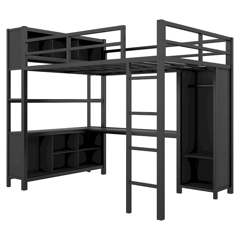 Lit mezzanine en métal avec armoire et bureau