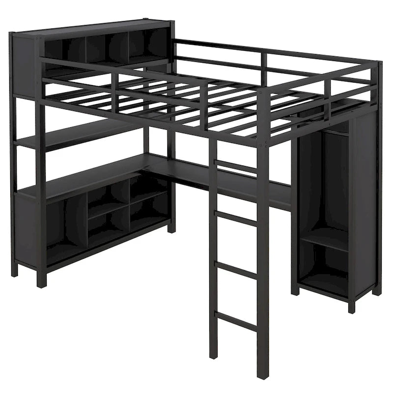 Lit mezzanine en métal avec armoire et bureau