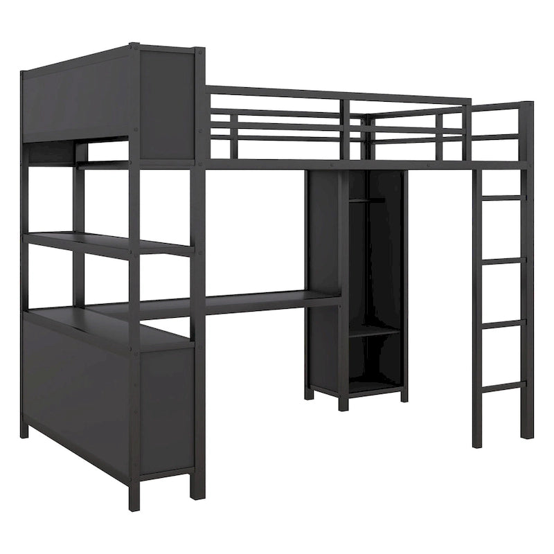 Lit mezzanine en métal avec armoire et bureau