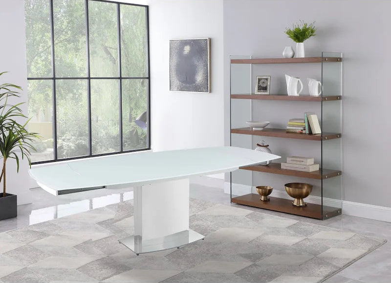 Somette Contemporary Extendable White Glass Dining Table