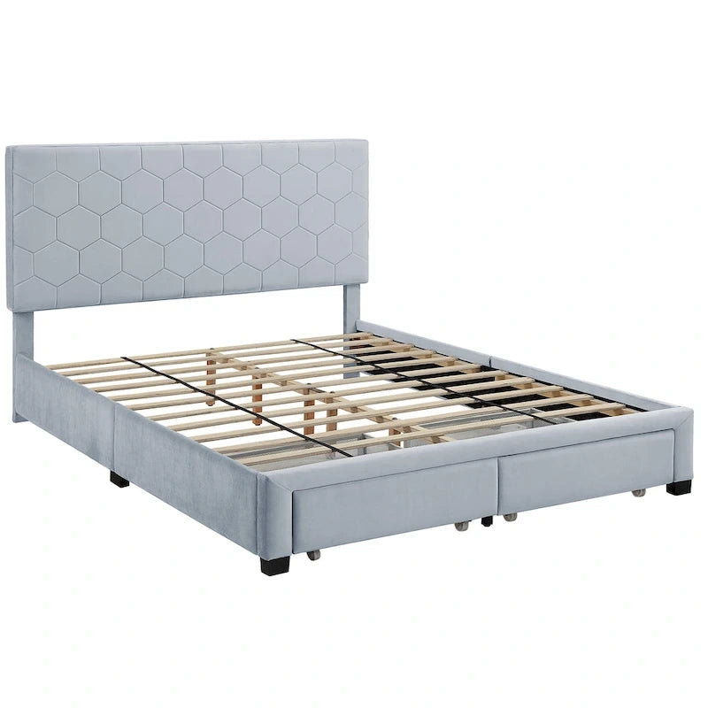 Lit d'appoint moderne en velours gris avec rangement et tête de lit