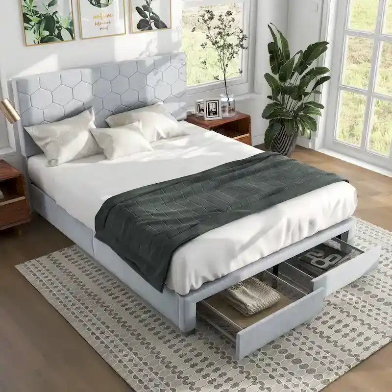 Lit d'appoint moderne en velours gris avec rangement et tête de lit