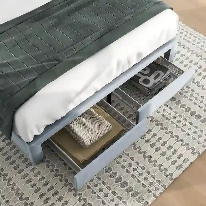 Lit d'appoint moderne en velours gris avec rangement et tête de lit