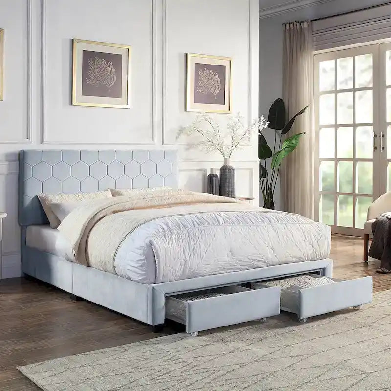 Lit d'appoint moderne en velours gris avec rangement et tête de lit