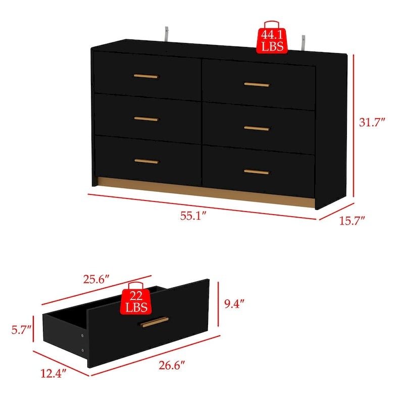 55.1 Commode de chambre moderne à 6 tiroirs Finition brillante