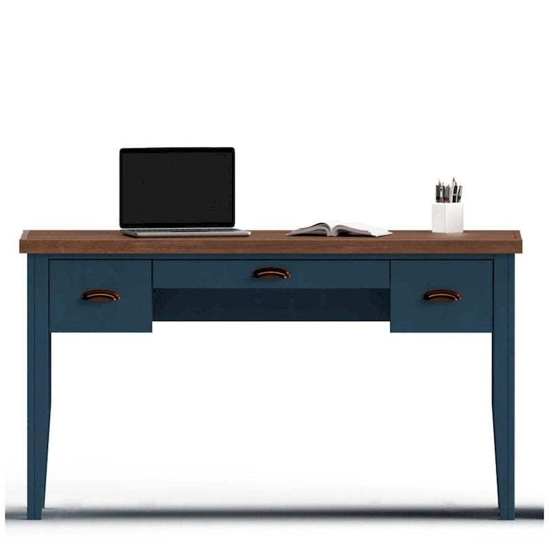 Bureau de 135 cm, aucun assemblage requis, finition denim bleu et whisky