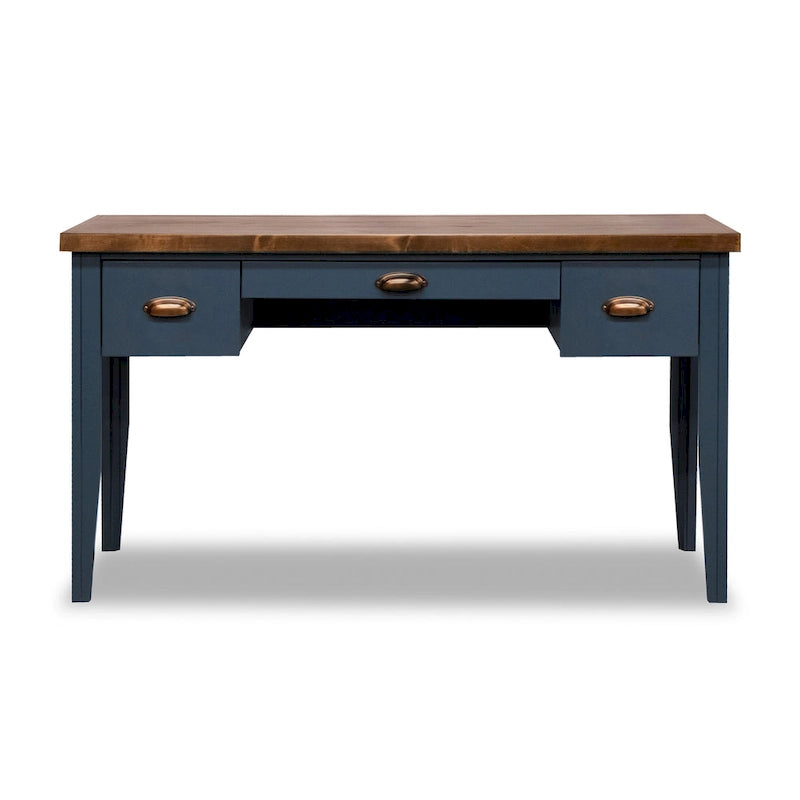 Bureau de 135 cm, aucun assemblage requis, finition denim bleu et whisky