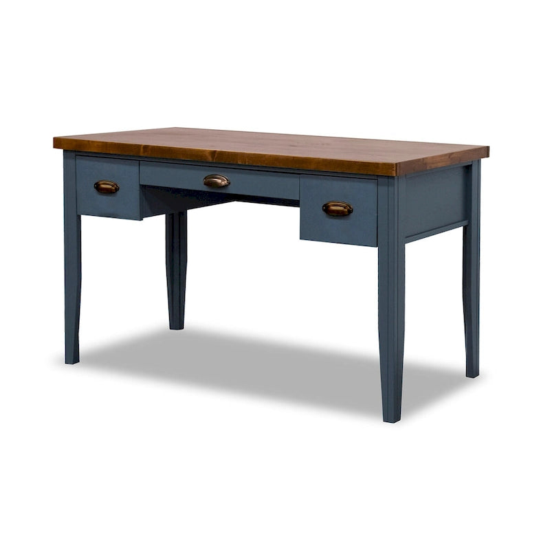 Bureau de 135 cm, aucun assemblage requis, finition denim bleu et whisky